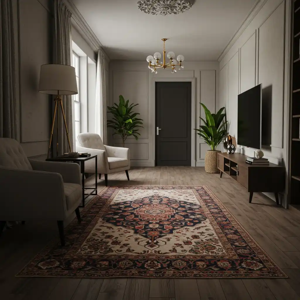 A smart layout using two different but complementary area rugs to define two distinct zones in a long living room.