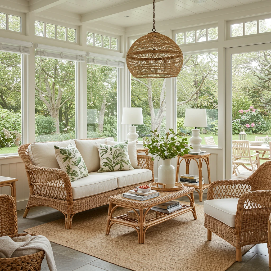 Cozy sunroom with natural rattan furniture and botanical accents.