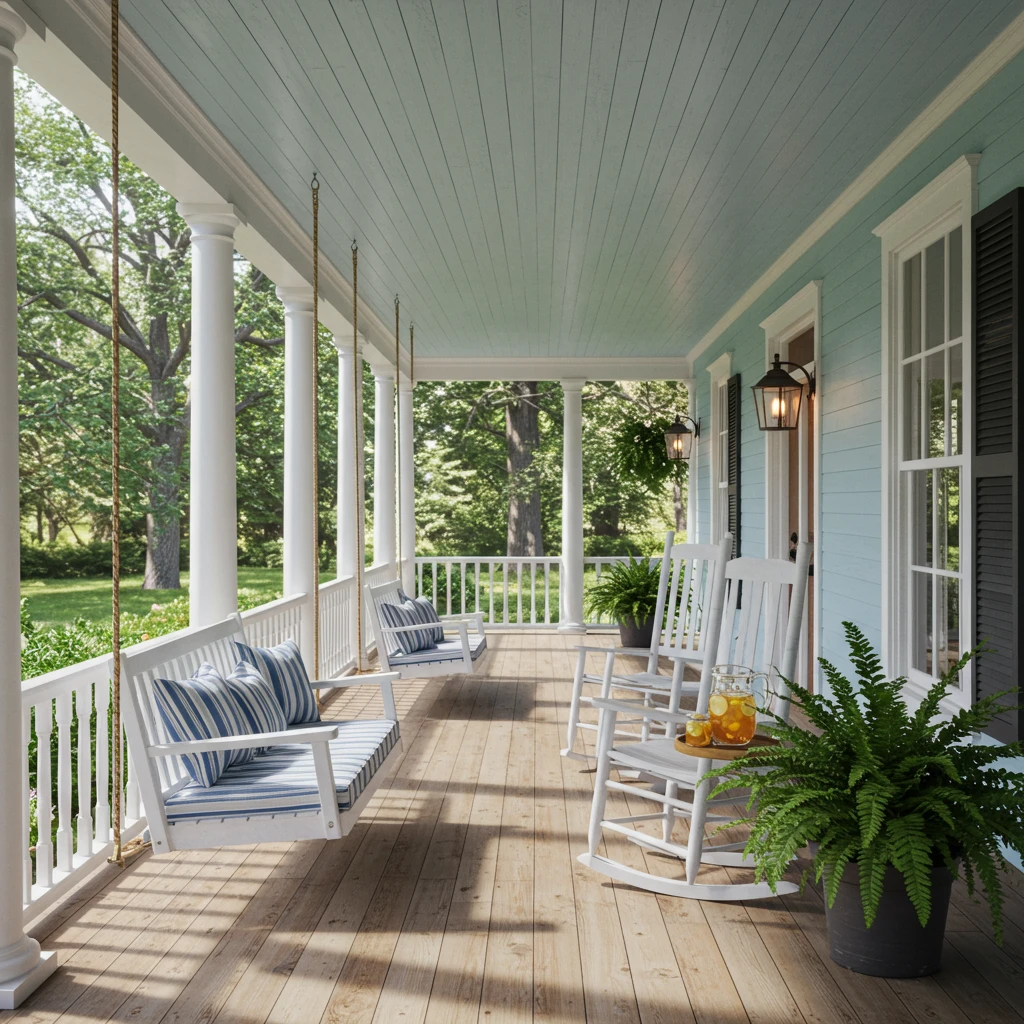 A classic Southern front porch with a white porch swing, rocking chairs, and a haint blue ceiling.