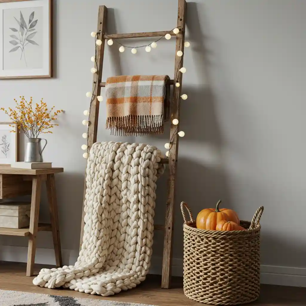 A cozy fall apartment corner with a wooden ladder used for storing and displaying throw blankets.