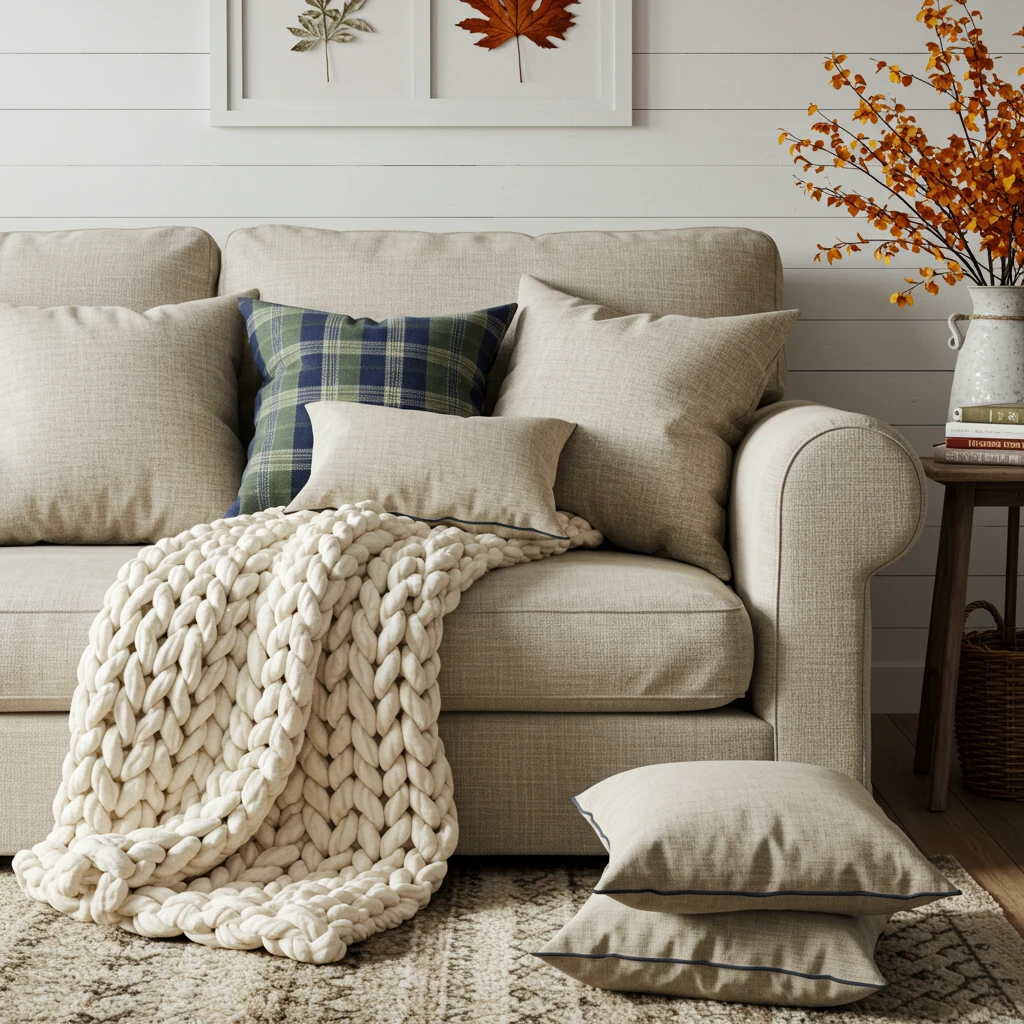 A cozy farmhouse living room sofa styled for fall with a chunky knit blanket and plaid pillows.
