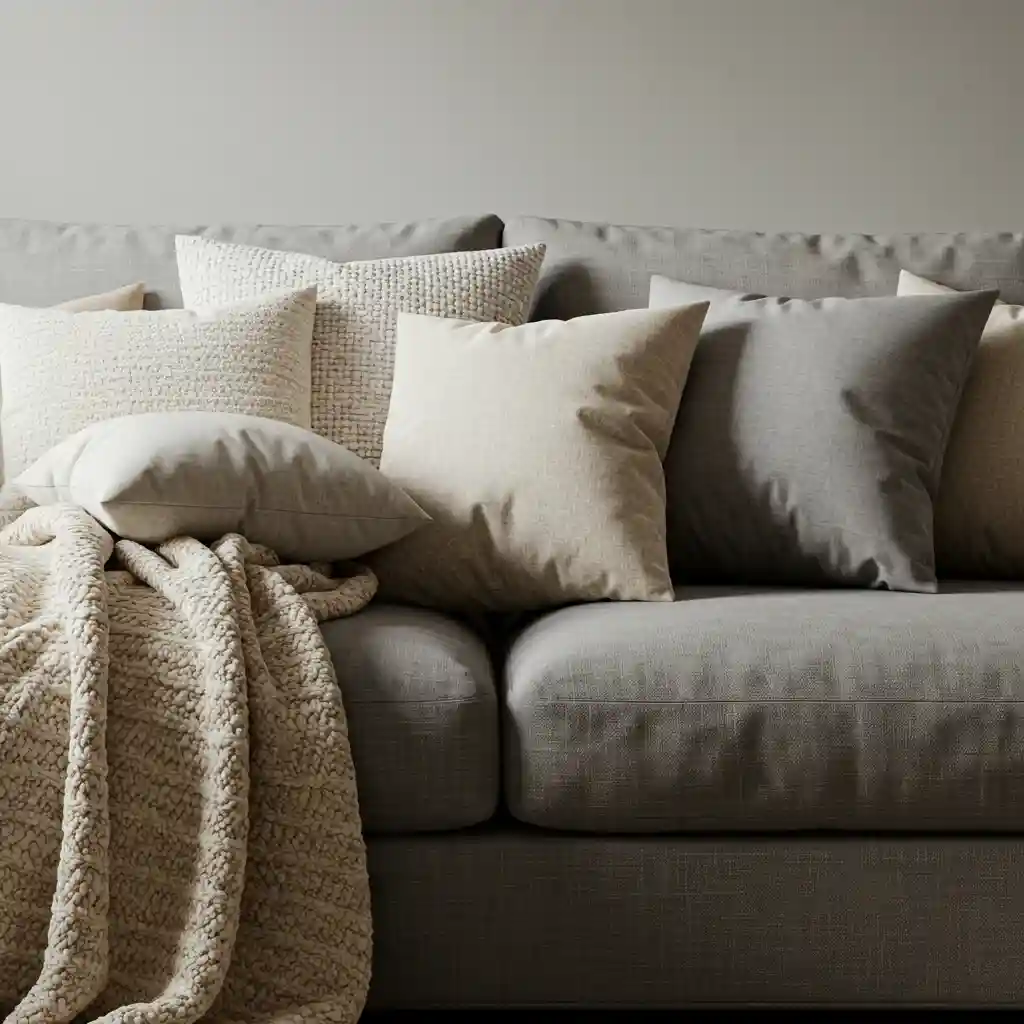A cozy living room with a comfortable sofa layered with an abundance of soft pillows and a chunky knit throw blanket.