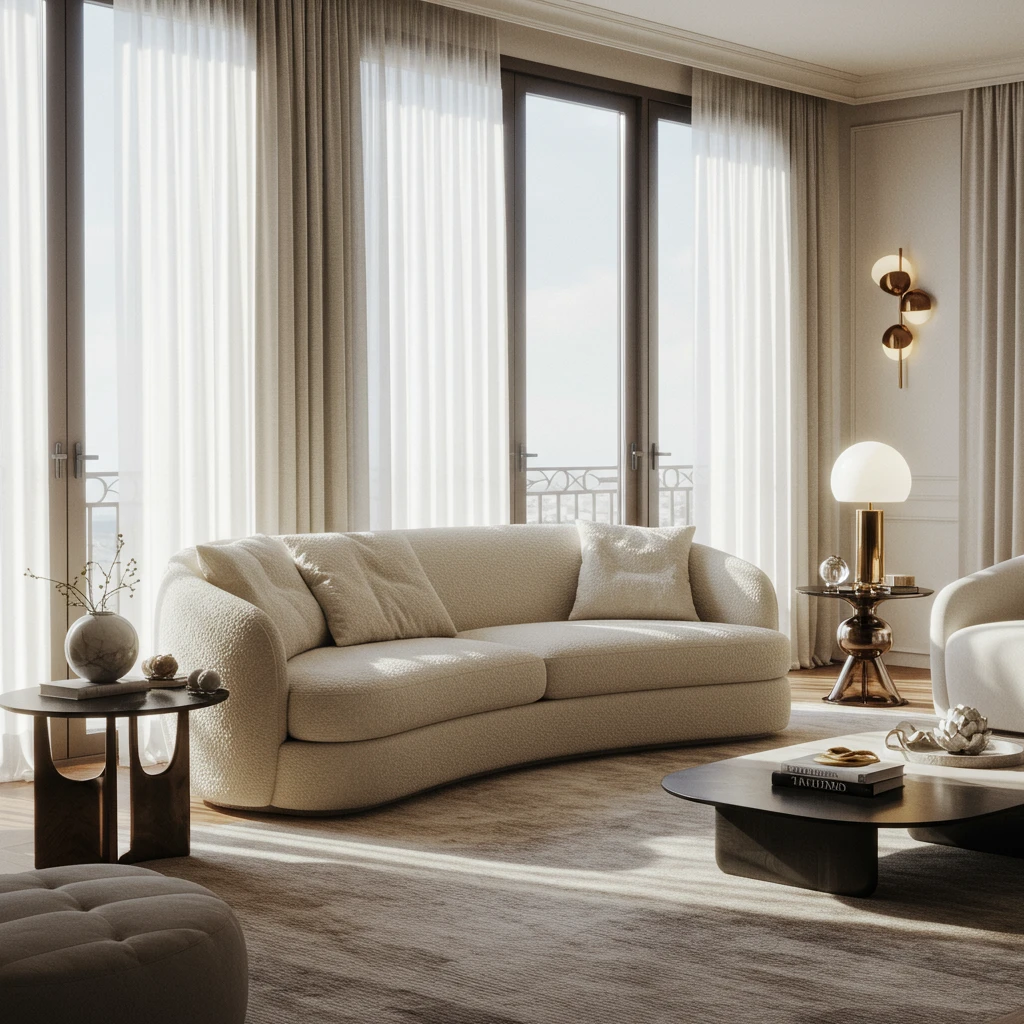 A luxurious living room featuring a large, curved serpentine sofa in cream boucle.