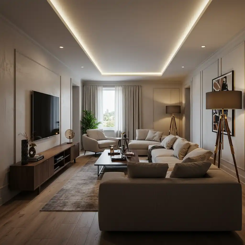 A smart layout for a long rectangle living room, showing two distinct zones for TV and reading.