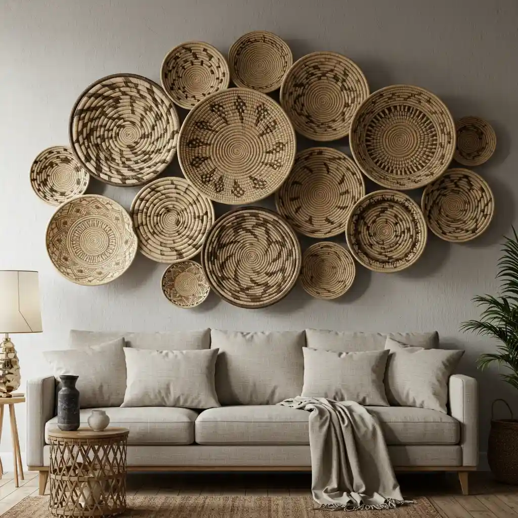 A stunning DIY wall art installation made from a collage of natural and patterned woven baskets above a sofa.