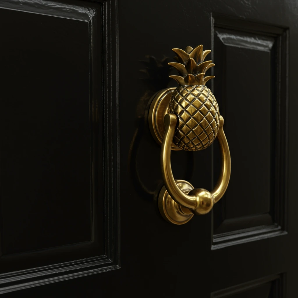 A classic brass pineapple door knocker, a symbol of Southern hospitality, on a black front door.