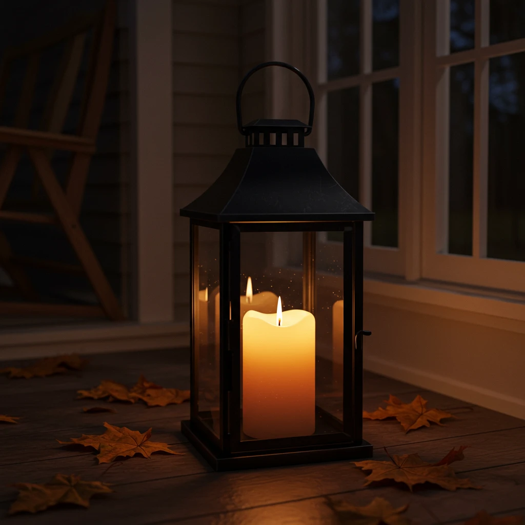 A black metal farmhouse lantern with a glowing flameless candle inside, creating a cozy fall porch ambiance.