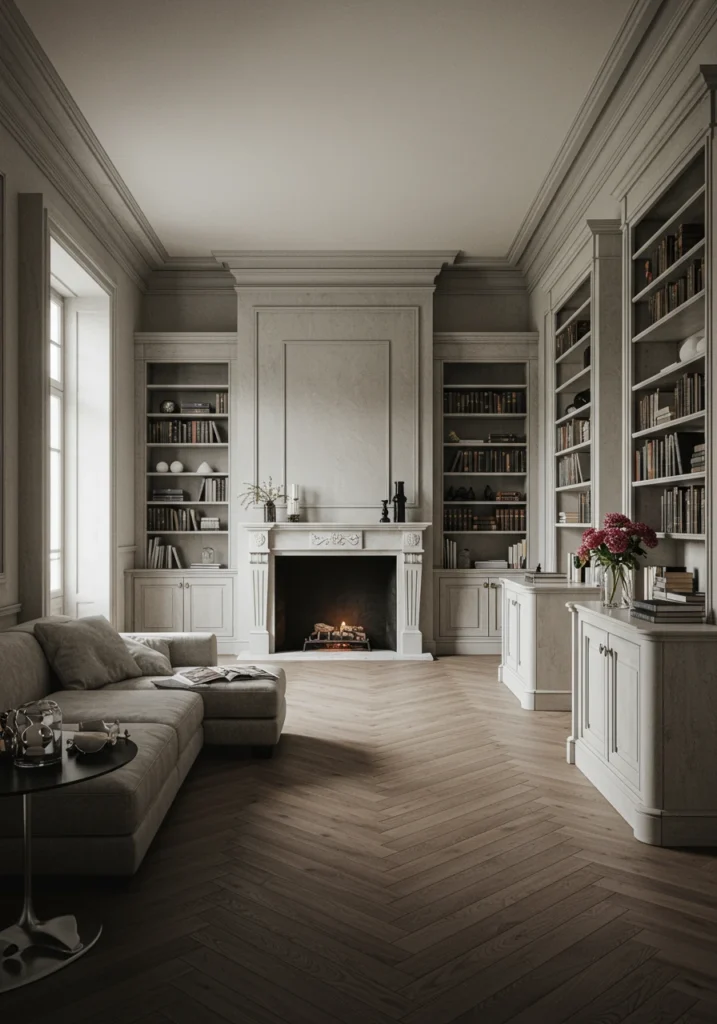 A long, narrow living room using tall bookshelves to create vertical interest and balance.