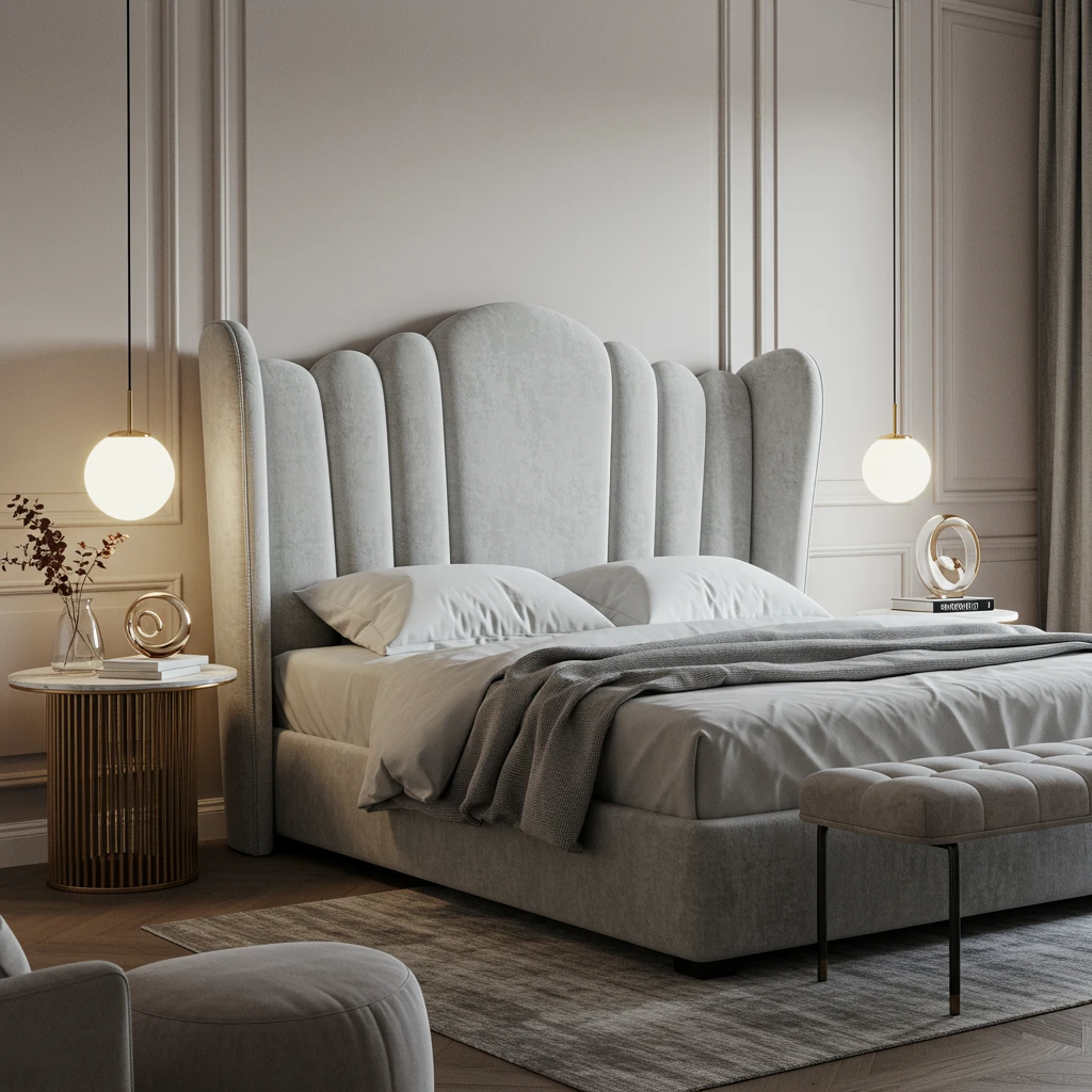 A serene bedroom featuring a bed with a tall, curved, gray velvet upholstered headboard.