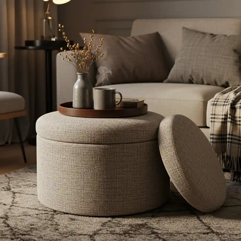 A multi-functional boucle storage ottoman in an apartment living room, styled for fall with a tray and a cozy blanket inside.