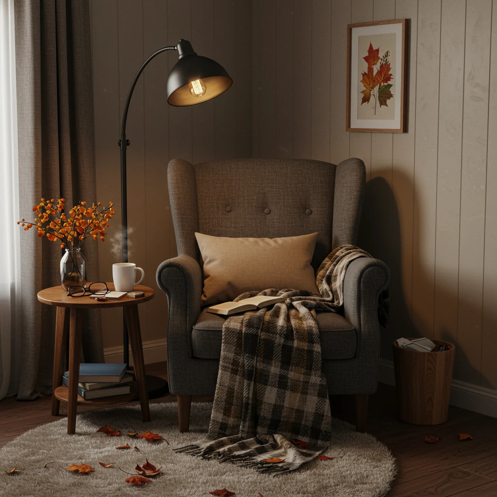 A cozy fall reading nook with a comfy armchair, plaid blanket, and a warm floor lamp.