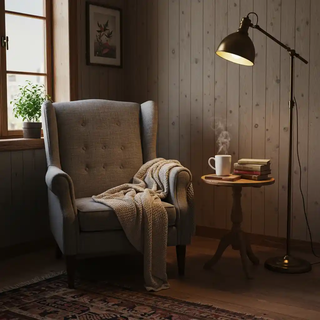 A cozy reading nook with a comfortable armchair, a knitted throw, and a warm reading lamp.