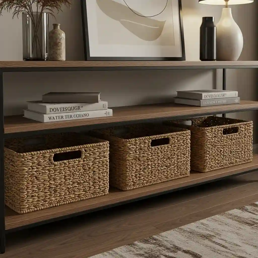 An easy home decor idea using stylish, woven baskets for hidden storage on a console table.