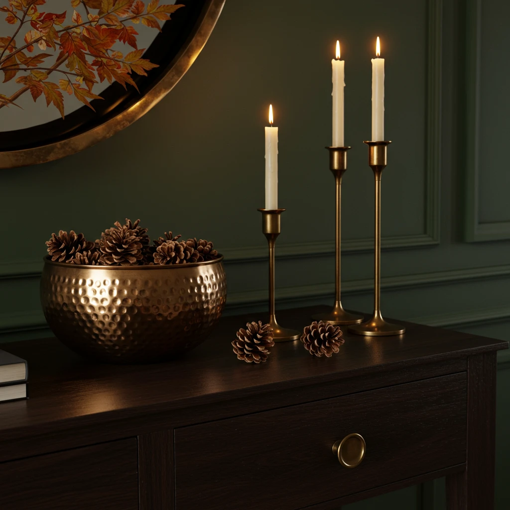 A fall vignette on a console table featuring warm metals like a hammered copper bowl and brass candlesticks.