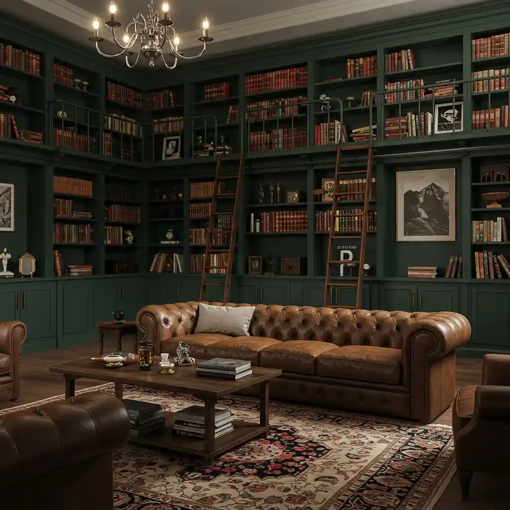 A cozy, library-style living room with floor-to-ceiling bookshelves on the long wall behind the sofa.