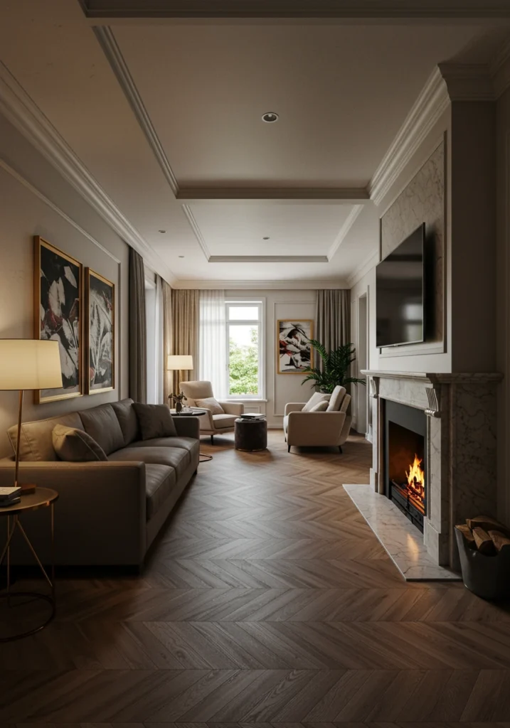 A classic layout for a long, narrow room with the TV mounted above the fireplace on the short wall.
