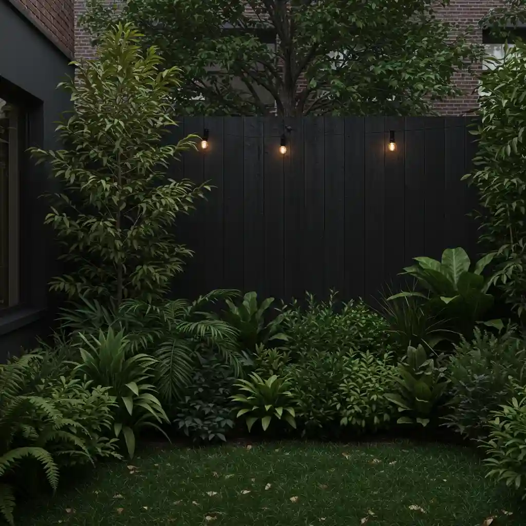 A simple but dramatic backyard idea: a dark painted fence that makes the green plants in front of it pop.