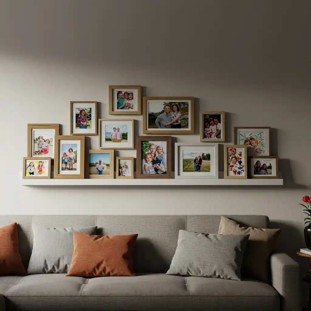 A cozy living room with a personal touch, featuring a gallery wall of family photos and art.
