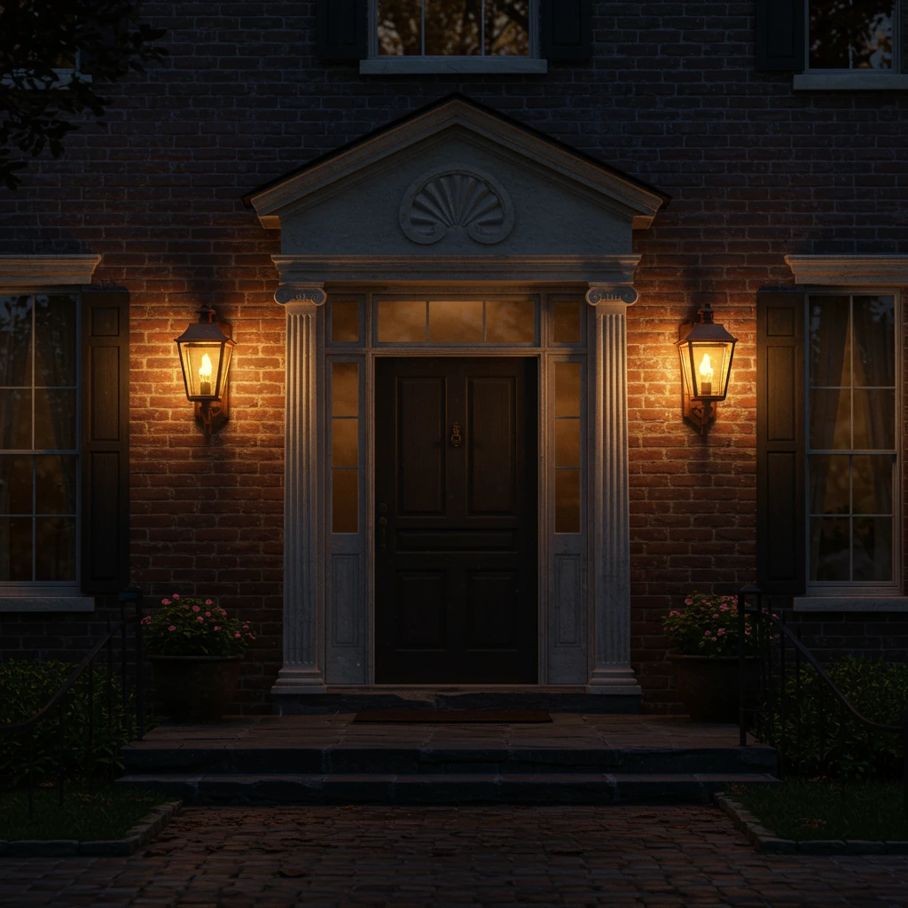 A pair of beautiful copper gas lanterns with flickering flames flanking the front door of a Southern home.