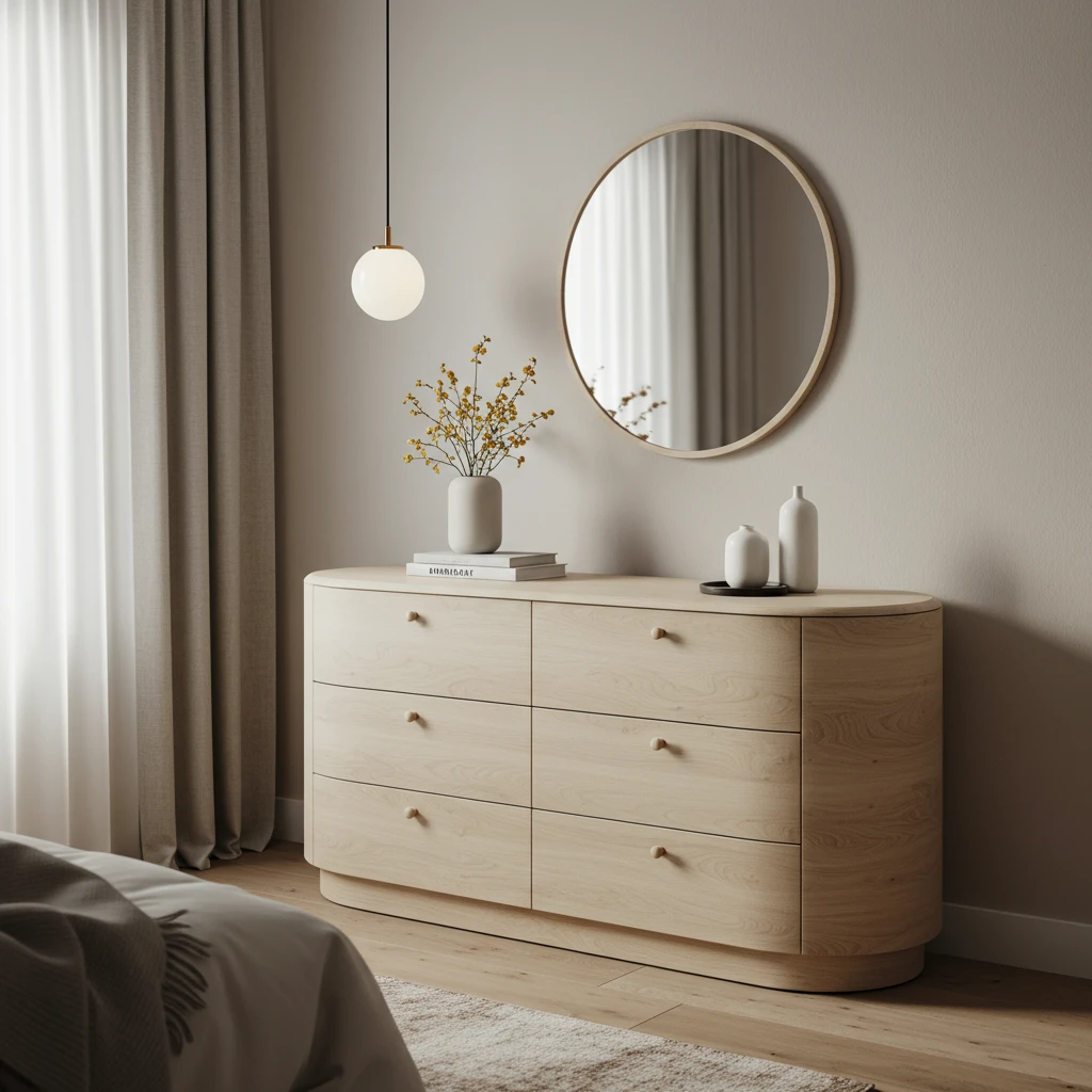 A stylish Scandinavian bedroom with a beautiful, light wood oval dresser.