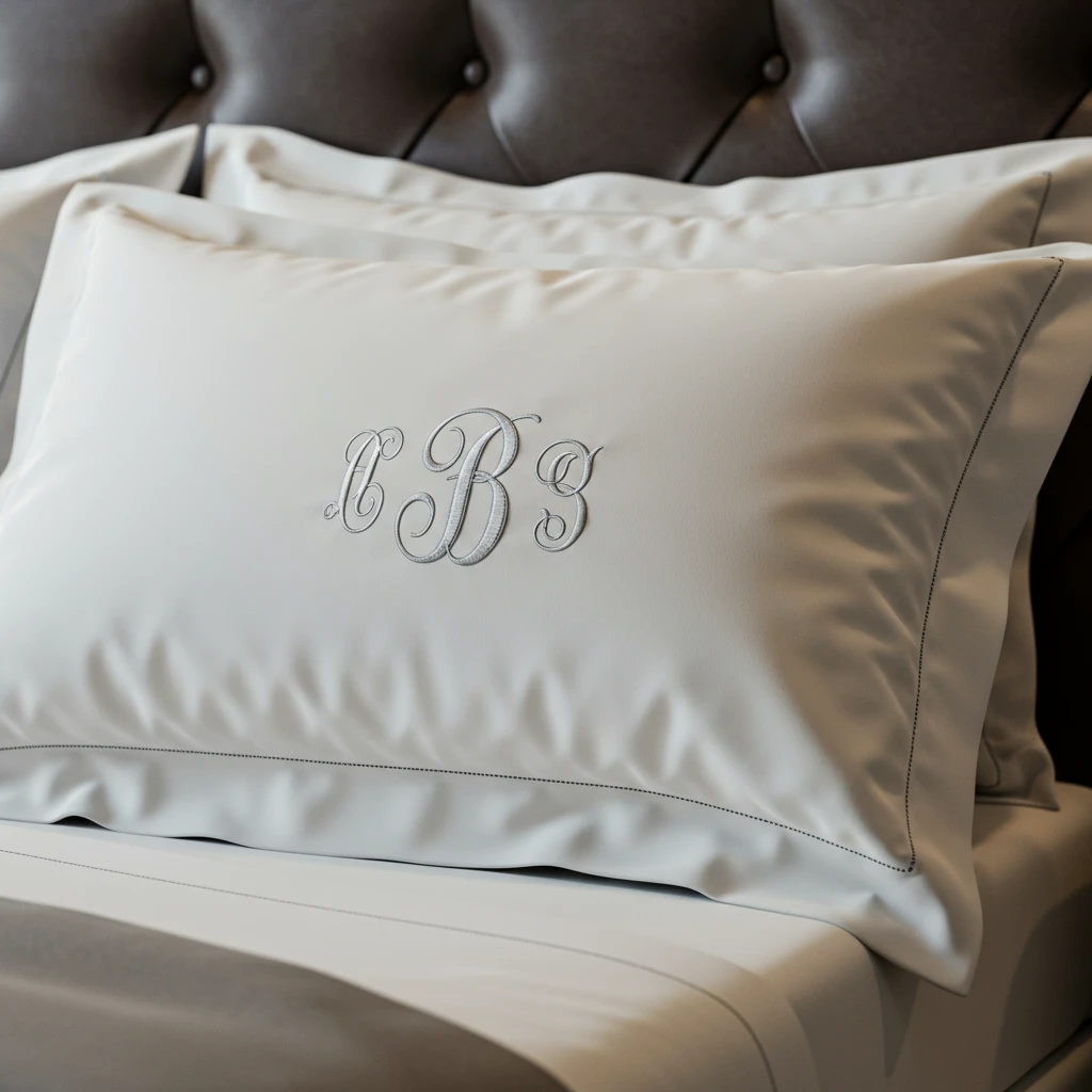 A luxurious, white pillow sham with a classic, beautifully embroidered monogram in gray thread.