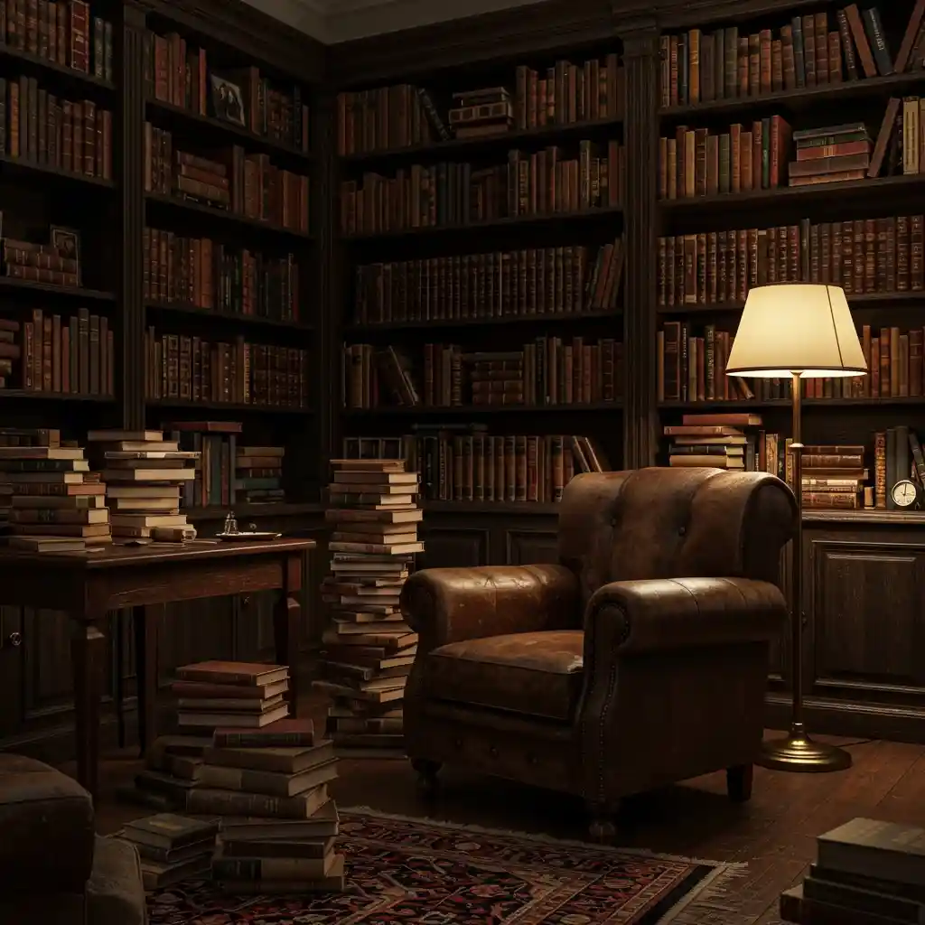 A cozy living room with a large bookcase filled with books, creating a warm, lived-in, and scholarly feel.