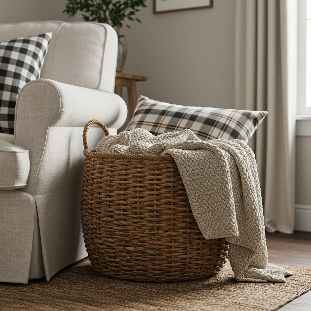A large woven basket used for cozy storage of blankets and pillows in a modern farmhouse living room.