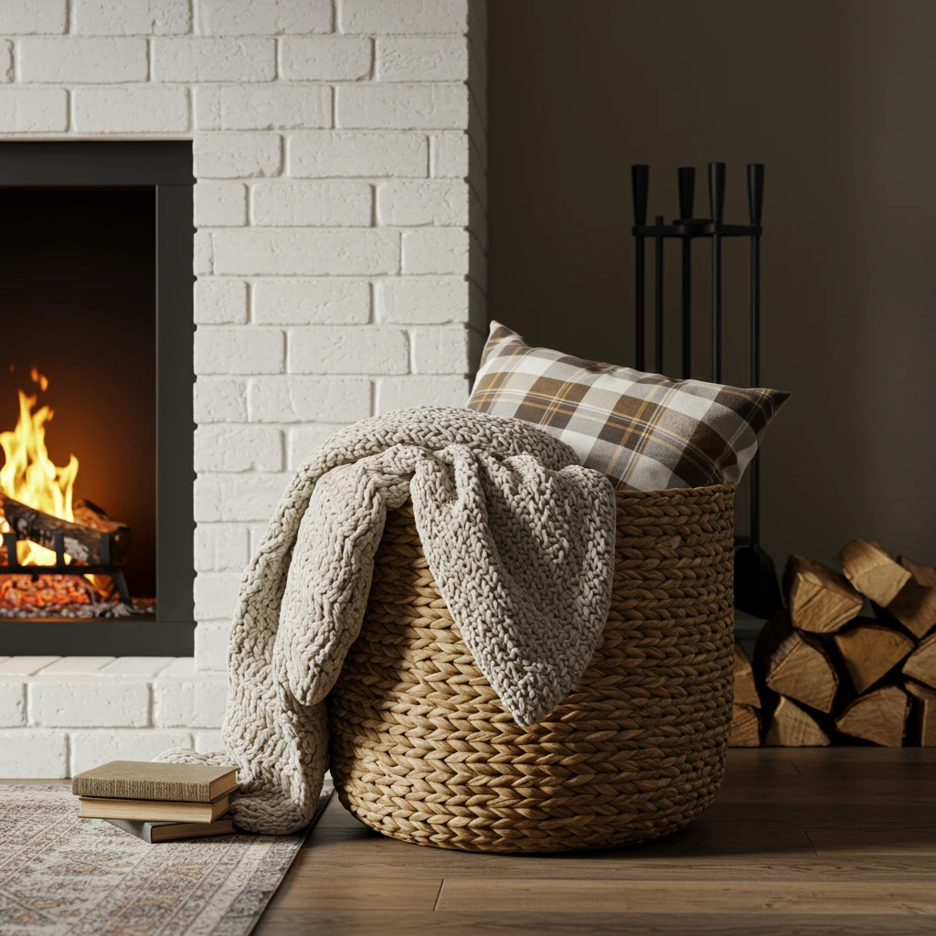 A large woven seagrass basket used for cozy storage of blankets and pillows in a fall living room.