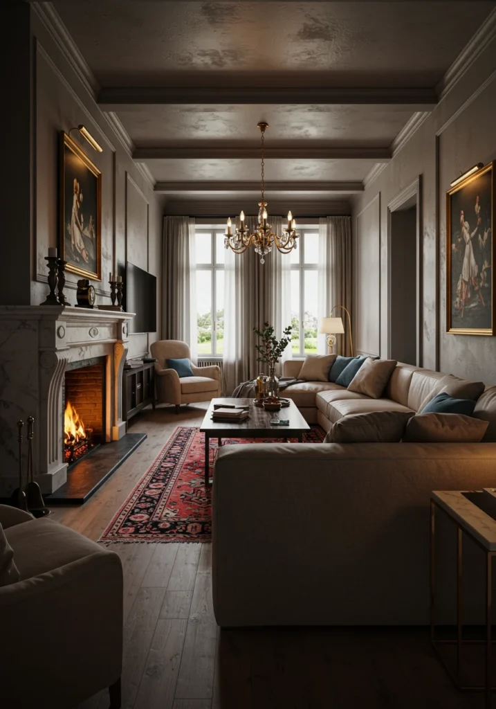 A creative layout for a long room using a slightly angled furniture arrangement to break up the space.