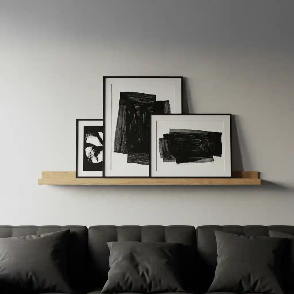 A minimalist approach to decorating a long wall, with large, framed art leaned on a low picture ledge.