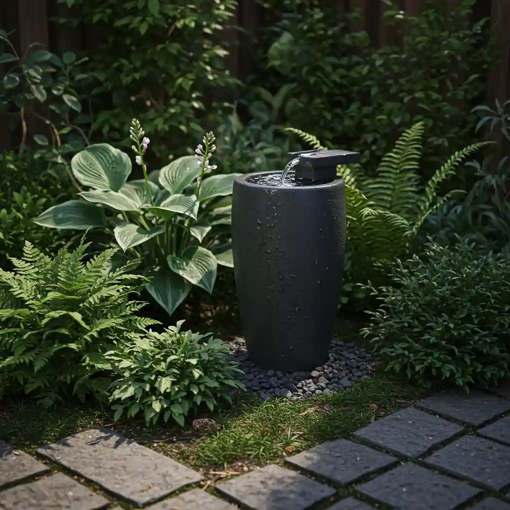 A simple, self-contained, bubbling water feature adding a tranquil sound to a beginner's garden.