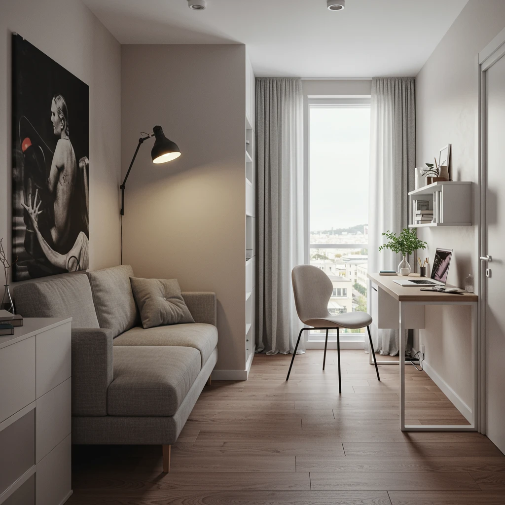 A smart layout using a desk placed behind the sofa to create a home office nook in a long apartment living room.