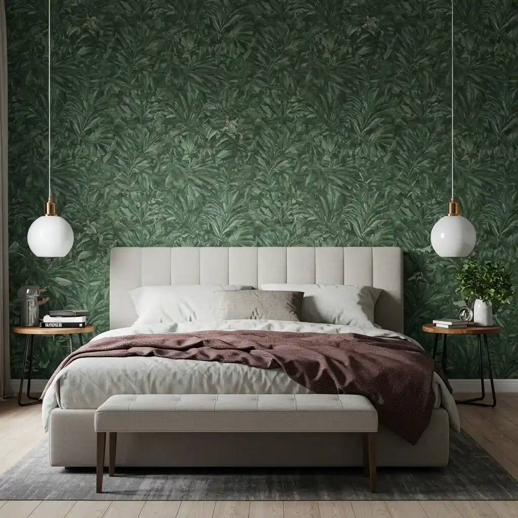 An easy decor idea showing a bold, botanical, peel-and-stick wallpaper used to create an accent wall.