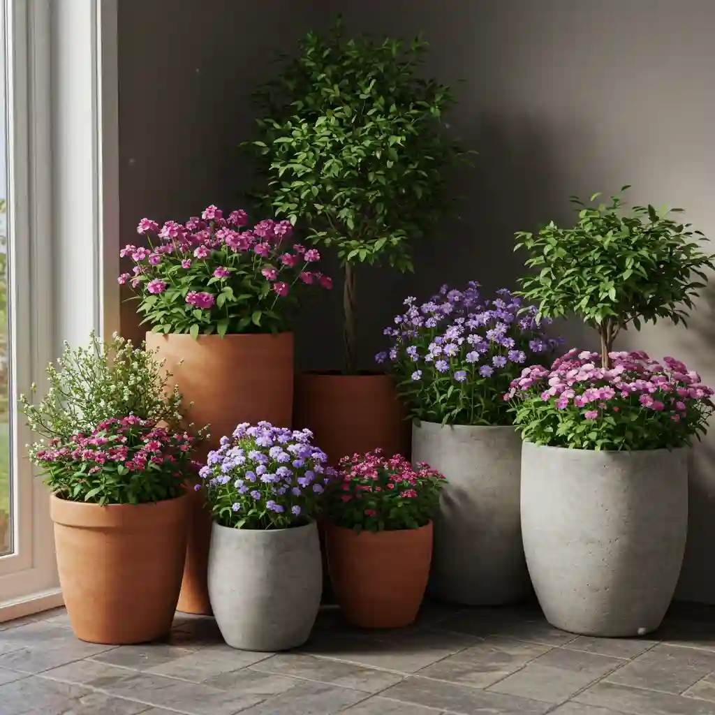 A beautiful and flexible backyard container garden with a curated cluster of various pots and planters.