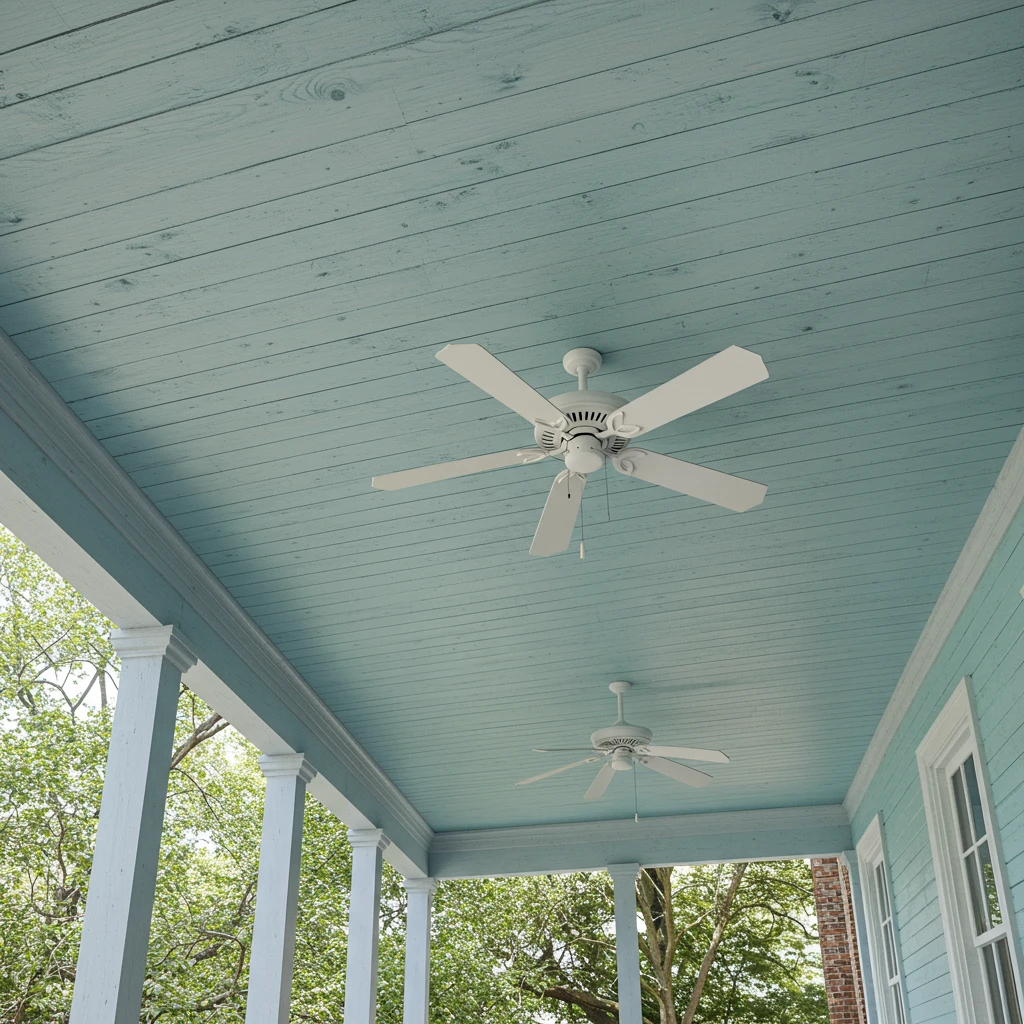 The beautiful, pale "haint blue" painted ceiling of a traditional Southern front porch.