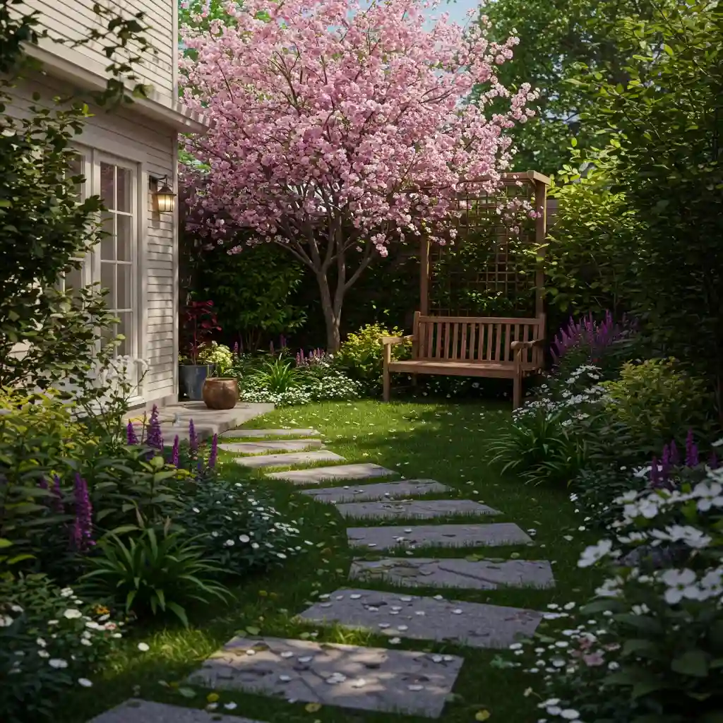 A charming, weathered teak garden bench placed in a front yard garden as a quiet spot to rest.