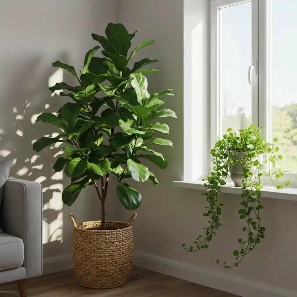 A cozy living room made more inviting with the addition of lush, green houseplants in textural pots.