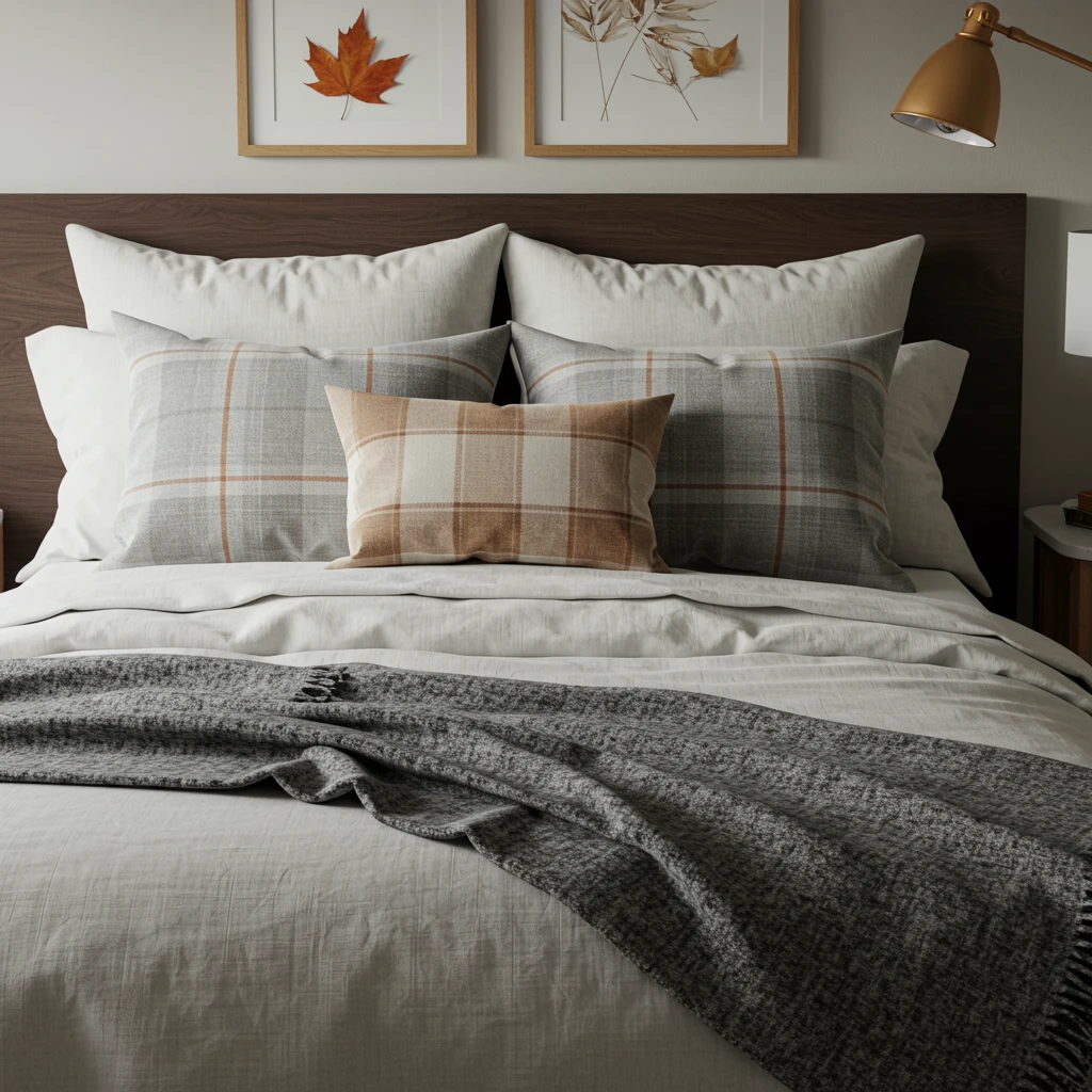 A cozy fall bedroom scene with sophisticated plaid pillows and a flannel throw on the bed.