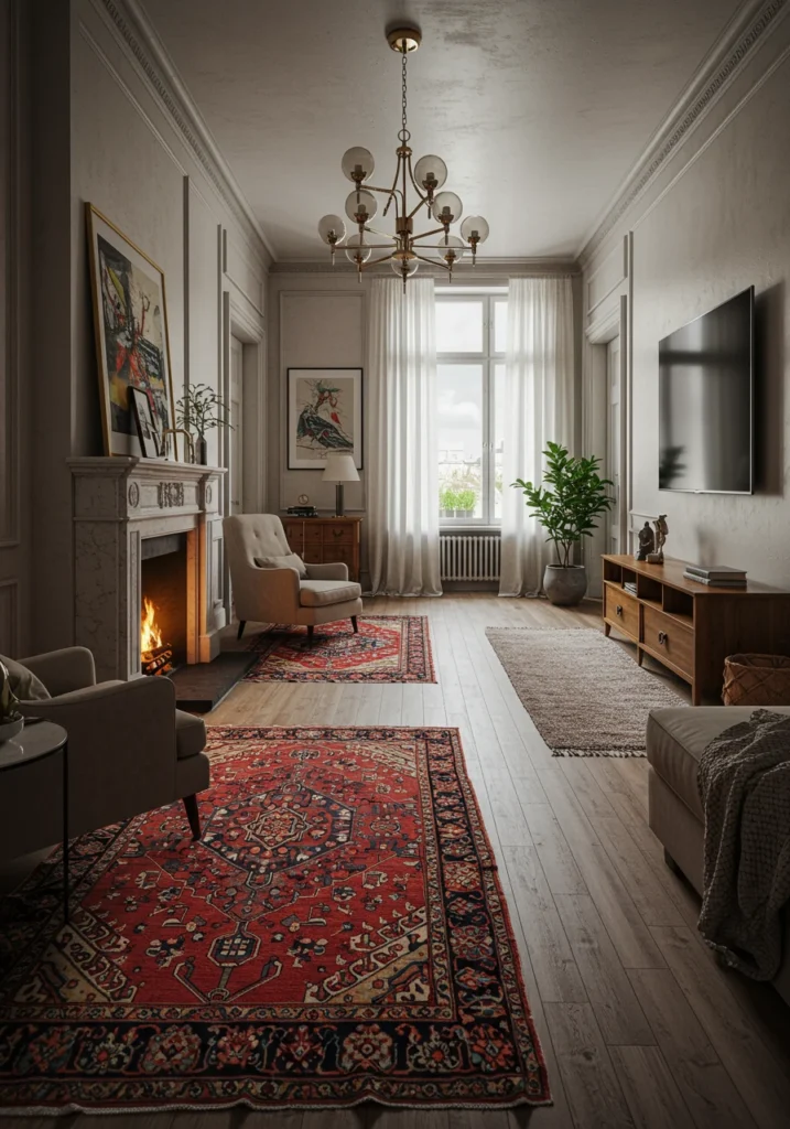 A smart layout using two different but complementary area rugs to define two distinct zones in a long living room.