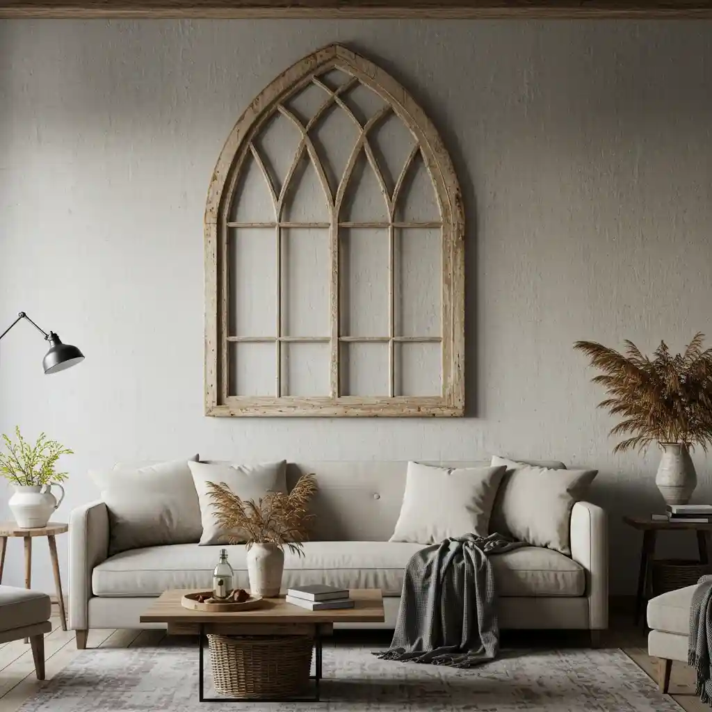 A unique long wall decorating idea using a large, antique, arched window frame as a statement piece above a sofa.