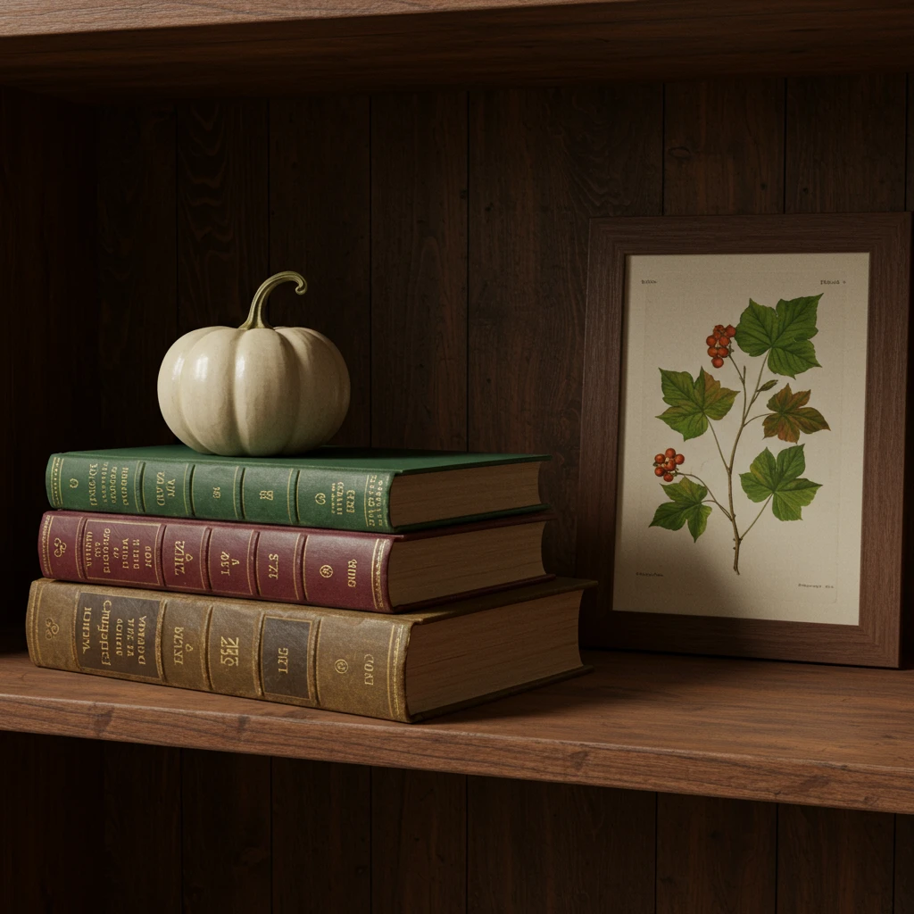 A "dark academia" style bookshelf decorated for fall with vintage books and a ceramic pumpkin.