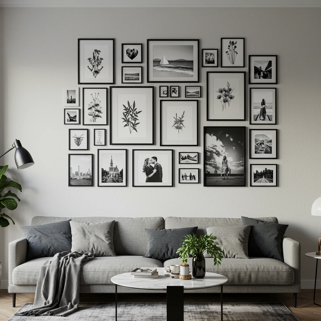 A damage-free gallery wall in an apartment, featuring a mix of art and photos hung with adhesive strips.