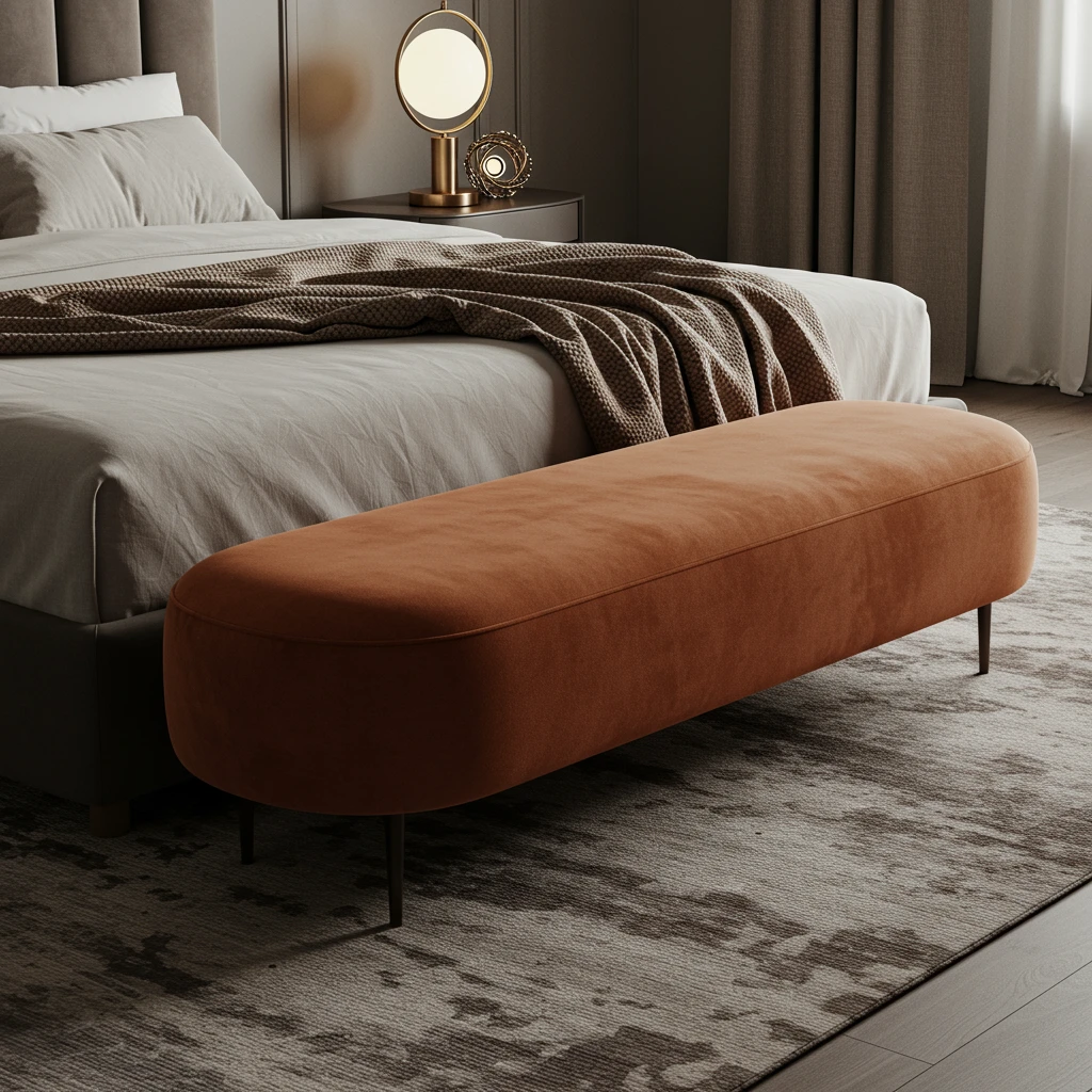 An elegant bedroom with a rust-colored velvet, pill-shaped bench at the foot of the bed.
