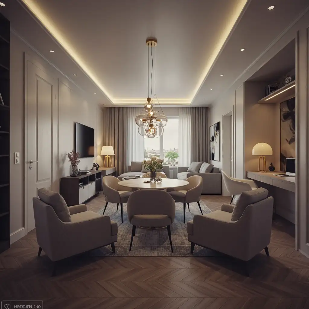 A smart layout for a very long room, featuring three distinct functional zones for TV, conversation, and work.