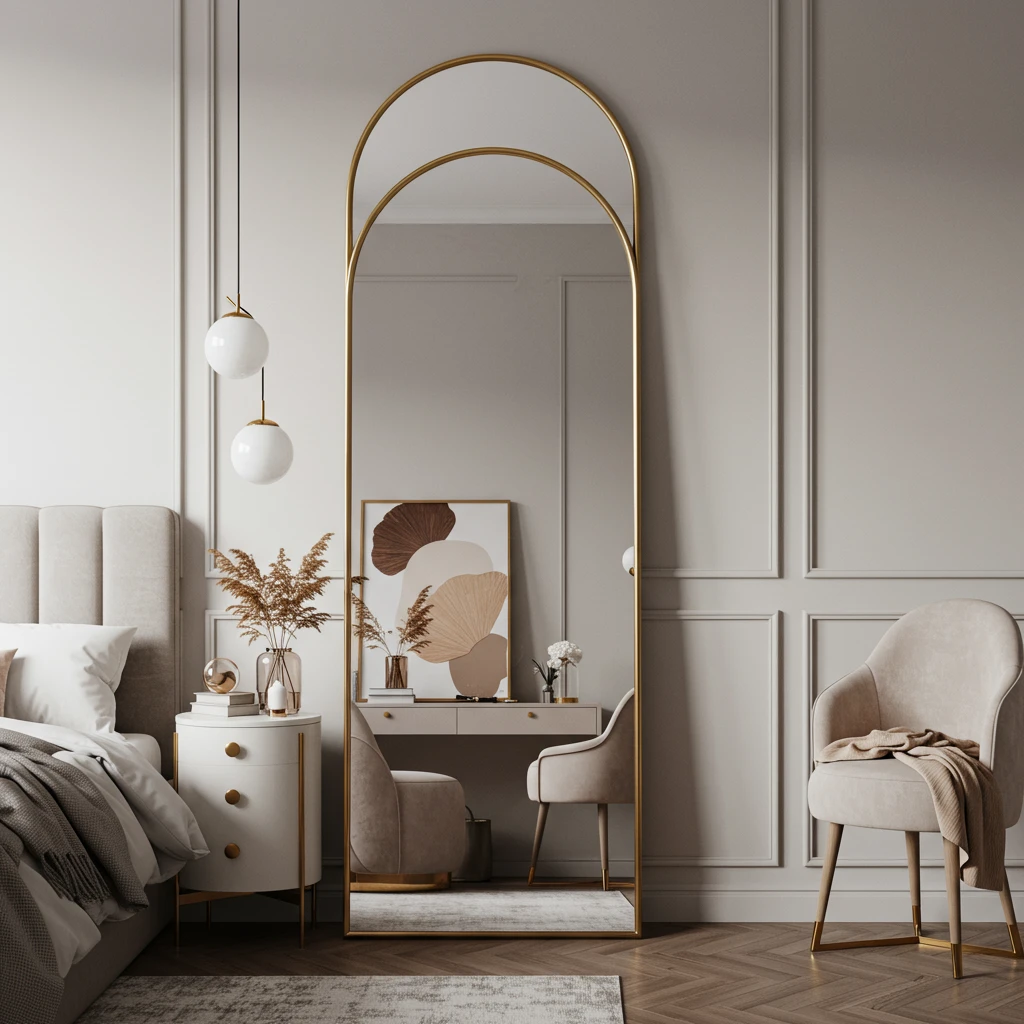 A beautiful, large, arched floor mirror with a brass frame leaned against a bedroom wall.