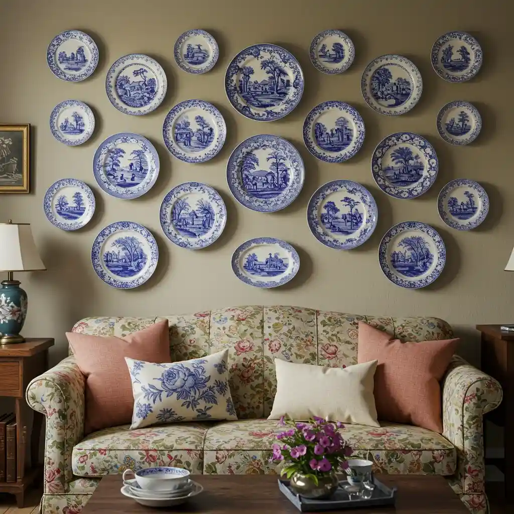 A charming gallery wall above a sofa created from a collection of vintage blue and white plates.