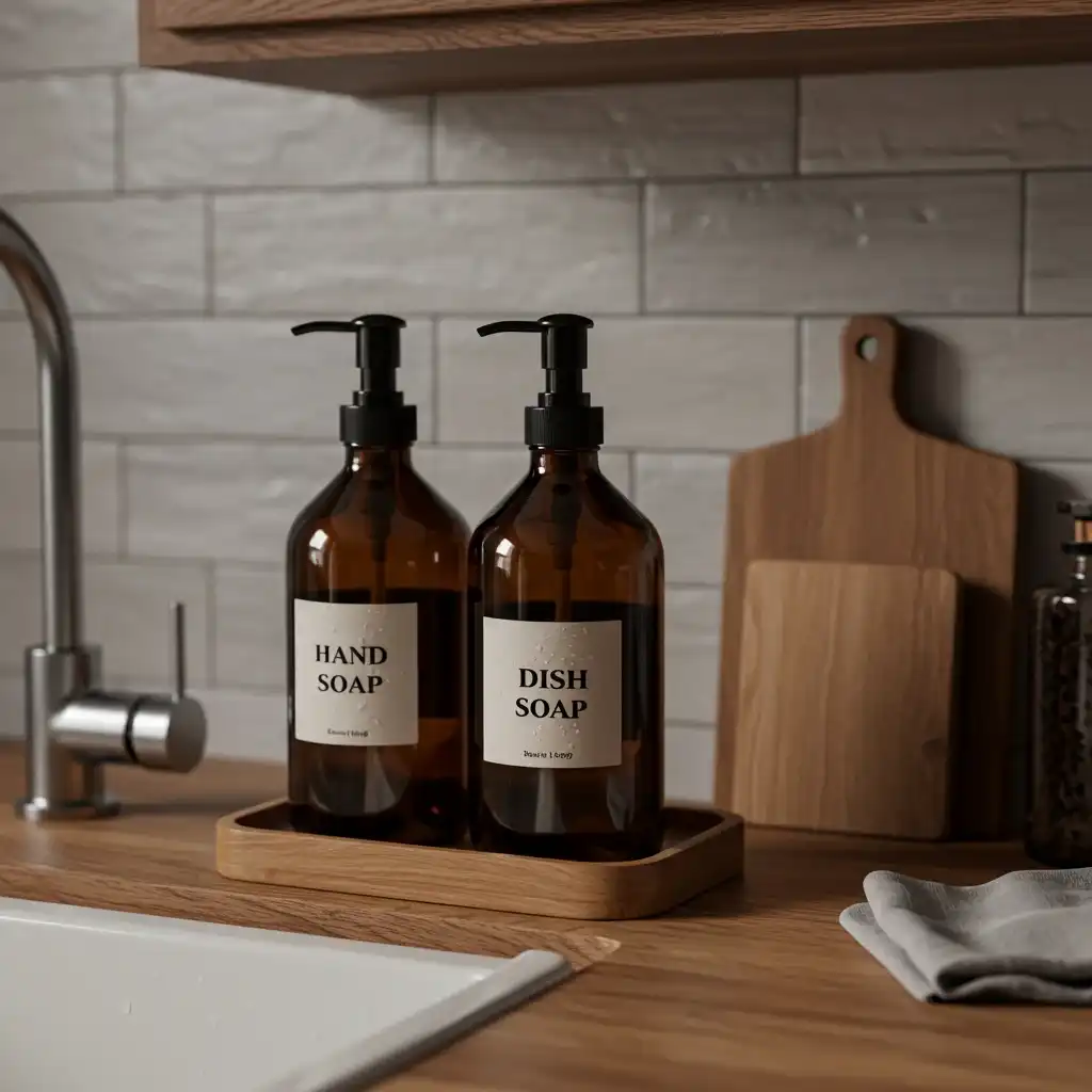 An easy decor idea showing everyday hand soap and dish soap decanted into stylish, matching amber glass bottles.