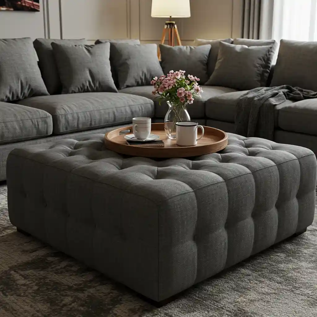 A cozy living room featuring a large, plush, tufted ottoman as a comfortable coffee table.
