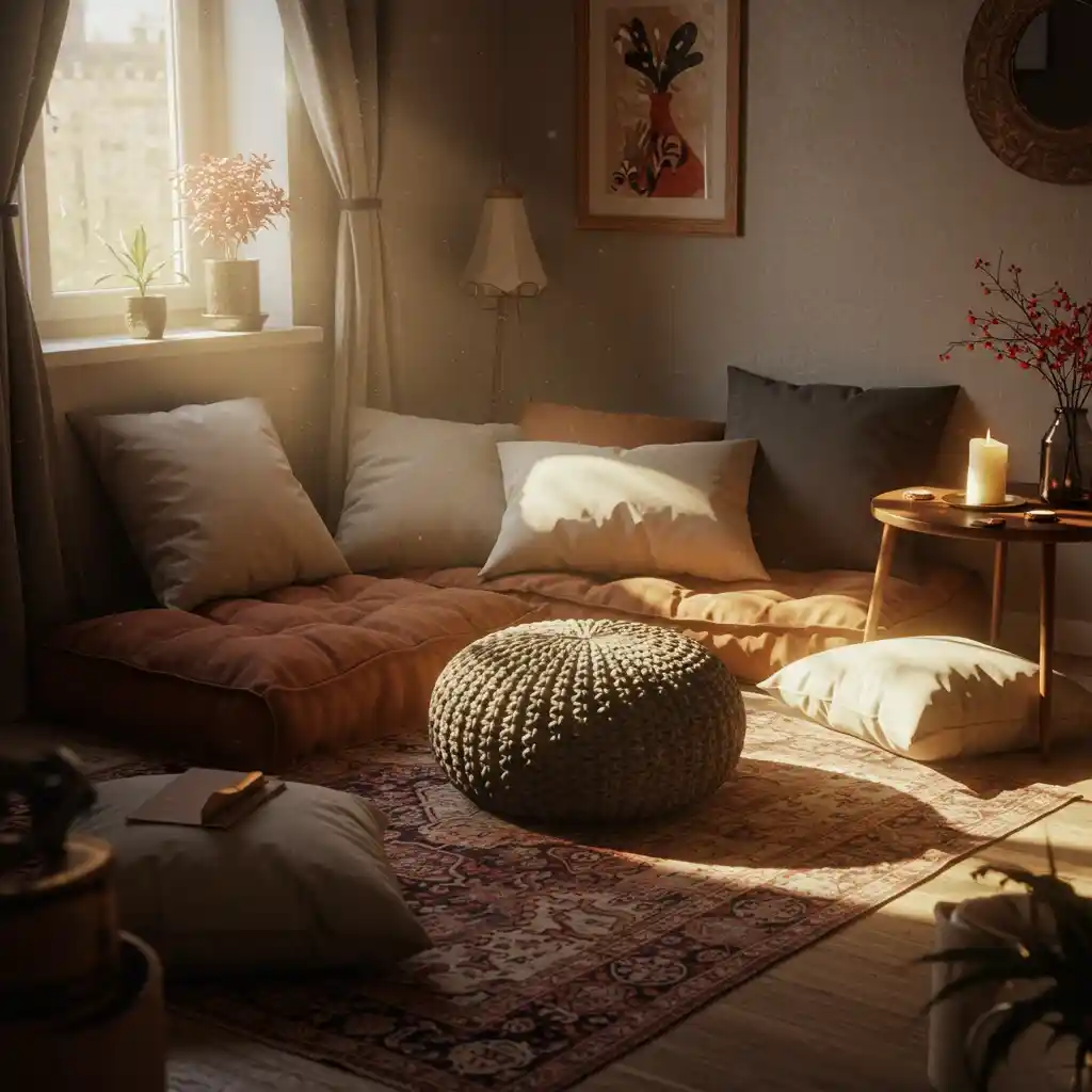 A cozy apartment corner set up for fall with a collection of comfortable, earthy-toned floor pillows and a pouf.