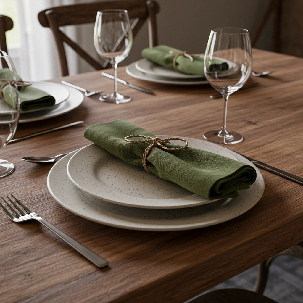 A simple farmhouse place setting with an olive green cloth napkin tied with twine for a touch of fall color.
